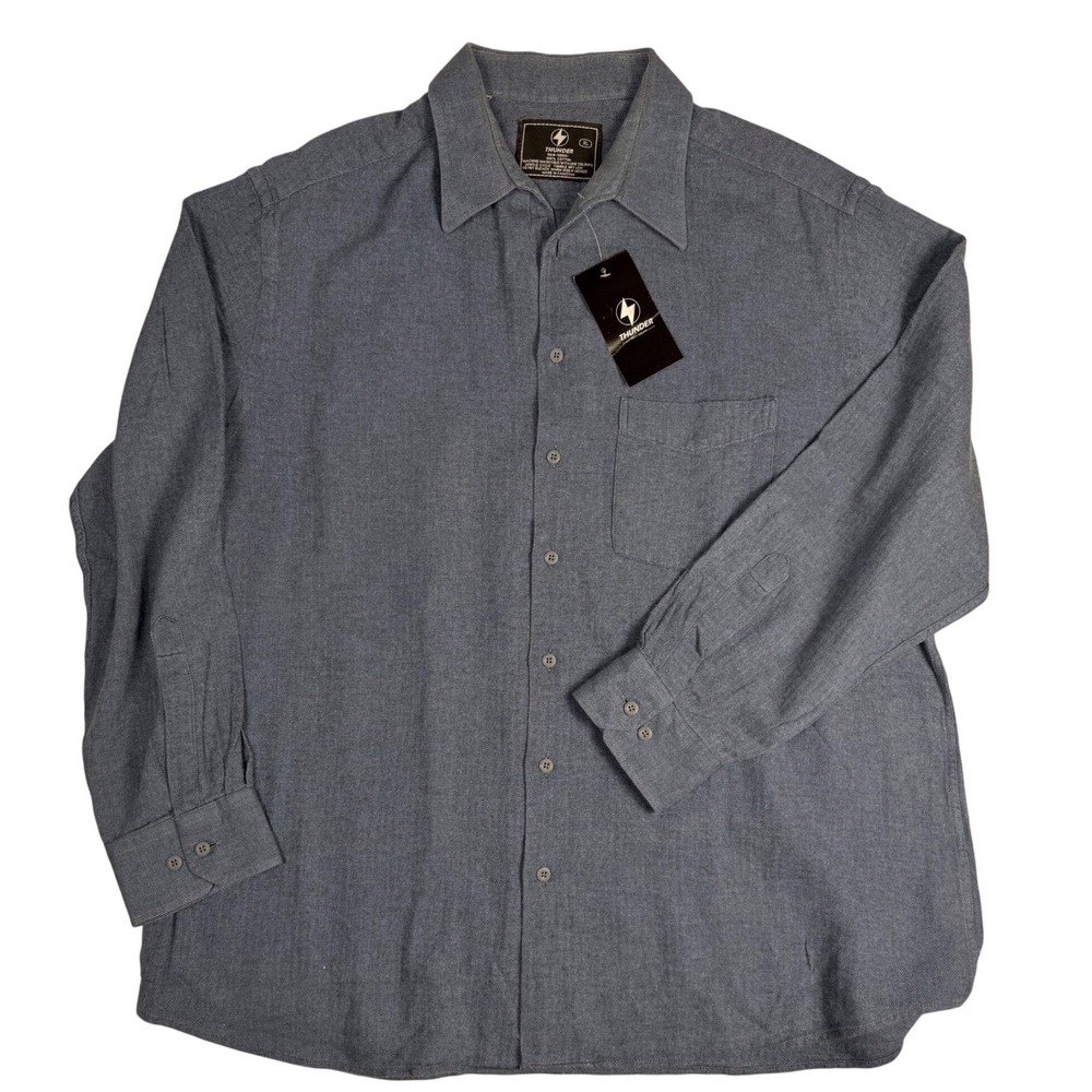 Thunder Mens Blue‎ Herringbone Button Down Shirt Long Sleeve Cotton XL NWT